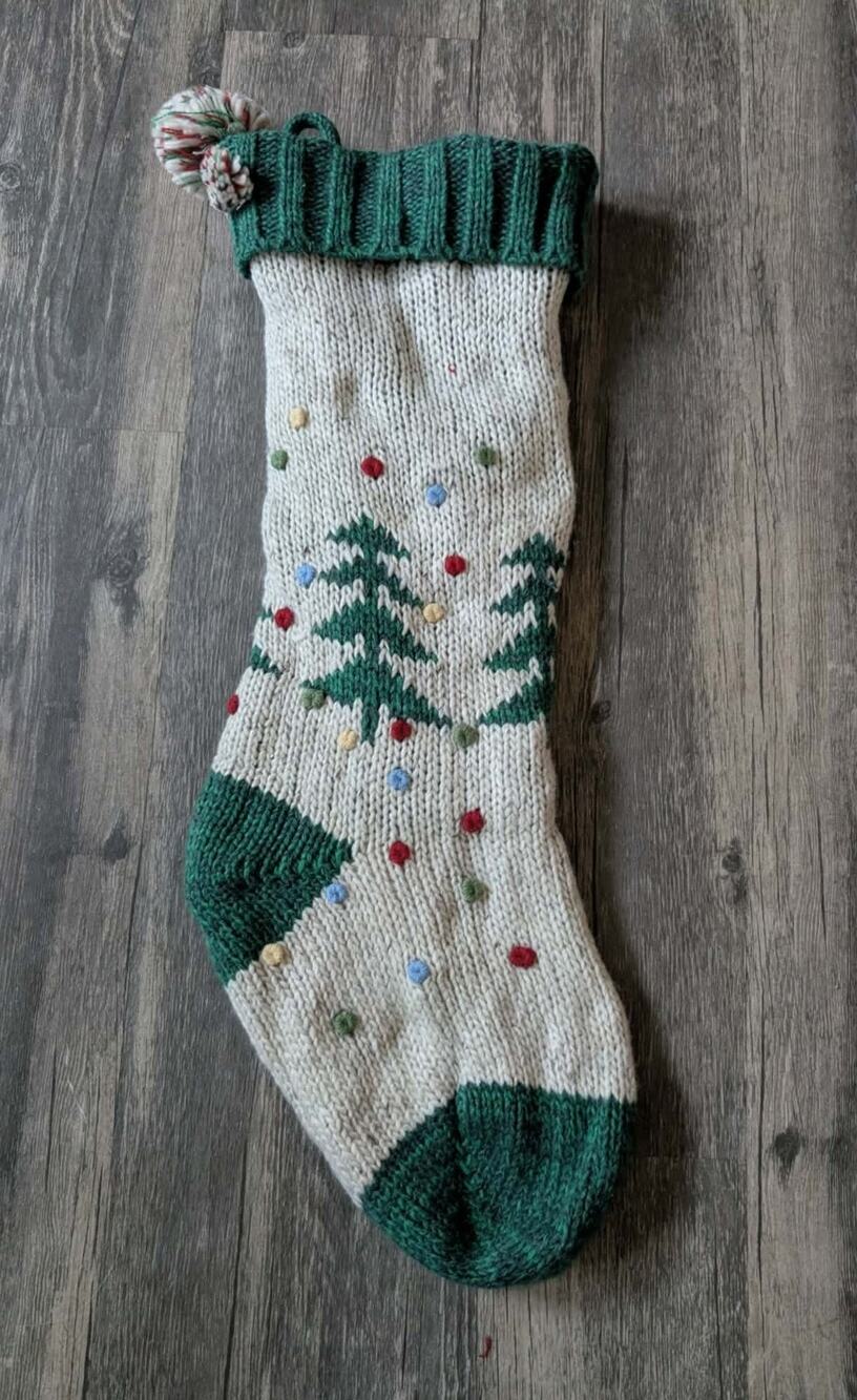 Vintage The Farmhouse Knit Christmas Tree Stocking 22" Green Holiday Decor